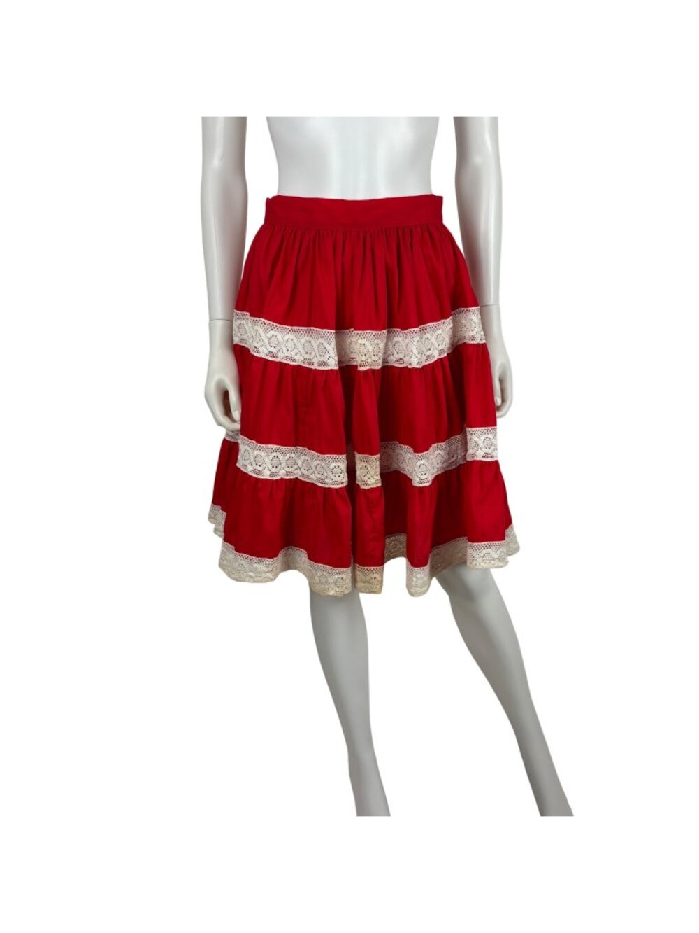 Vintage 60s Patio Skirt Womens Small Red White Lace Trim Square Dance Swing